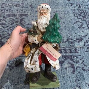 Green Father Christmas Santa w presents w wooden base paper mache old world look
